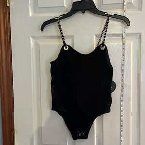 NWT-Fct with love-S-black with gold chain details, ribbed, bodysuit